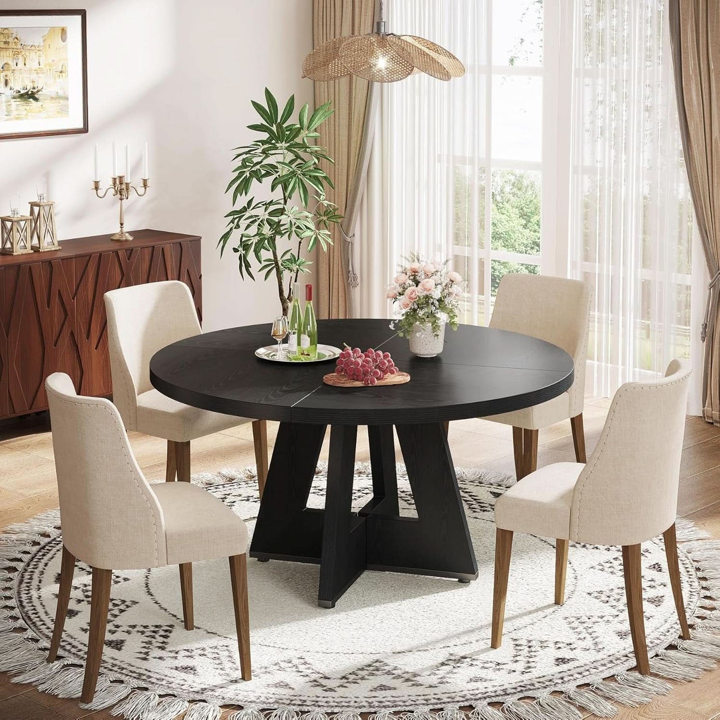 Farmhouse Round Dining Table 47 Inch Black For Four
