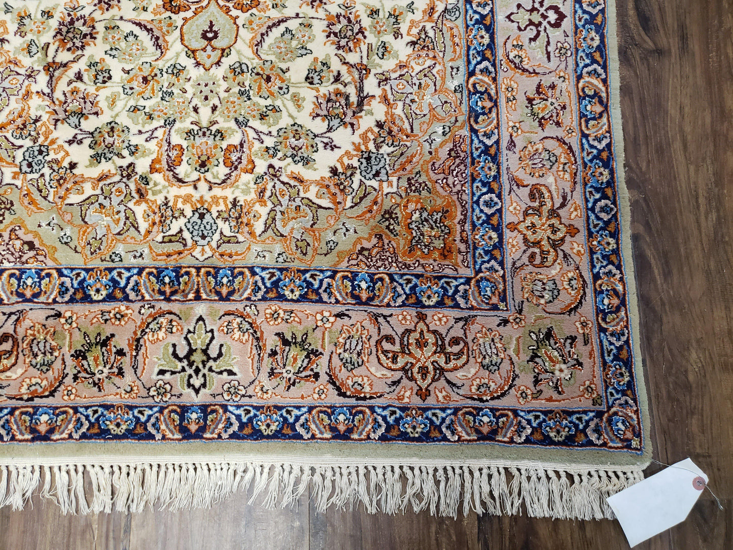 Vintage Persian Isfahan Lachak Toranj Rug, Highly Detailed, Kork Wool on Silk Foundation, Beige and Dark Blue, Hand-Knotted, 3'6" x 5' 4"