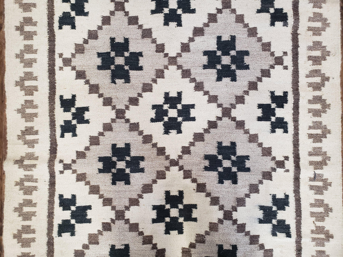 Semi Antique South American Blanket 4x8, Wool Hand-Woven Flatweave Kilim Rug, Handmade Antique Vintage Runner, Ivory & Blue, Diamond Panel
