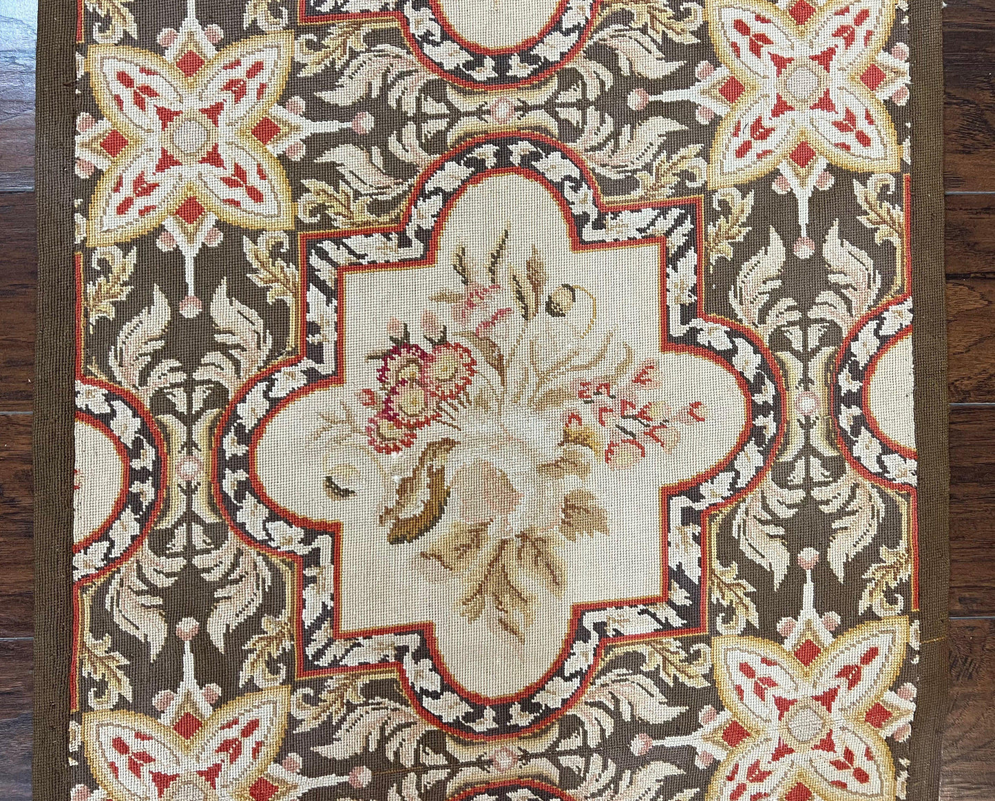 Needlepoint Runner Rug 2.8 x 9.8, Brown and Beige, Handwoven Handmade Floral French European Design, Vintage Flatweave 10ft Wool Runner Rug