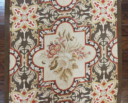Needlepoint Runner Rug 2.8 x 9.8, Brown and Beige, Handwoven Handmade Floral French European Design, Vintage Flatweave 10ft Wool Runner Rug
