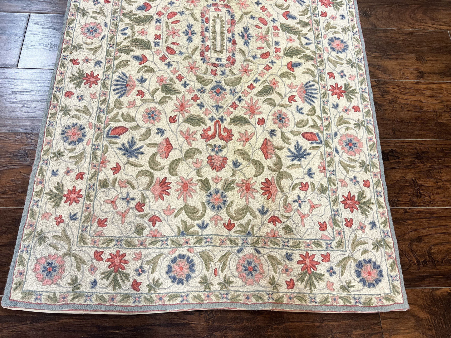 Hand Stitched Indian Rug 4x5, Floral, Vintage Hand Embroidered Rug