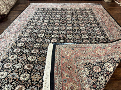 Indo Persian Rug 9x12, Vintage Handmade Wool Carpet, Repeated Allover Motif, Navy Blue and Pink