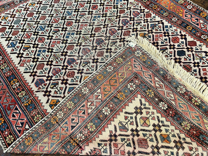 Antique Caucasian Rug 4x5, Hand Knotted Handmade Shirvan Oriental Carpet, Ivory Red Rug Allover Pattern, Rare Wool Rug, Tribal Geometric Rug