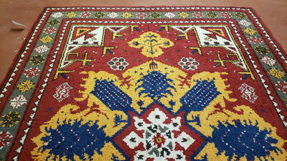 Colorful Moroccan Heriz Rug 6x9, Large Central Medallion, Red Yellow Blue