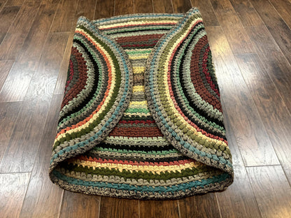 Antique American Braided Rug 5x7, Oval Multicolor Handmade Wool Braided Carpet