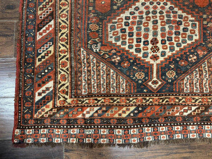 Antique Persian Shiraz Rug 5x8, Khamseh Tribal Wool 1920s Carpet, Navy Blue