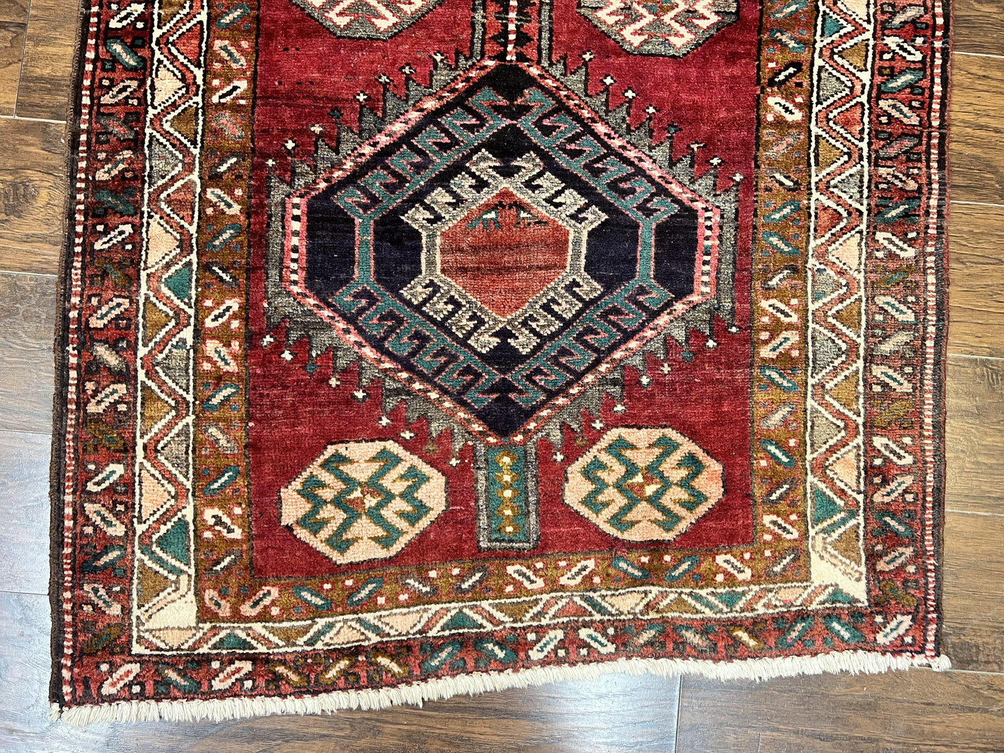 Persian Heriz Runner Rug 3.8 x 8.6, Geometric Design, Large Triple Medallions, Hand Knotted Handmade Vintage Wool Hallway Rug, Red