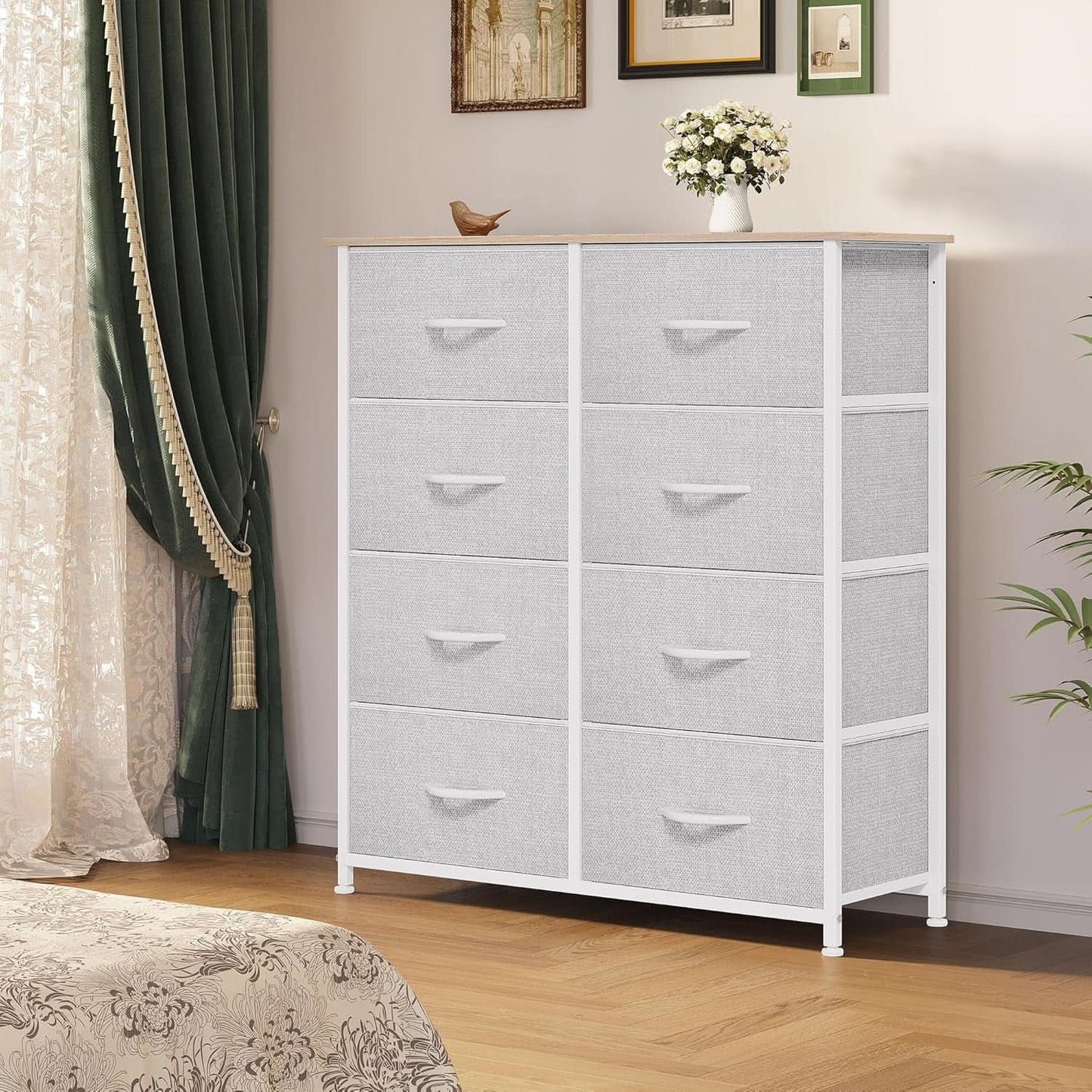 Bedroom Tall Linen Textured Fabric Dresser Drawers