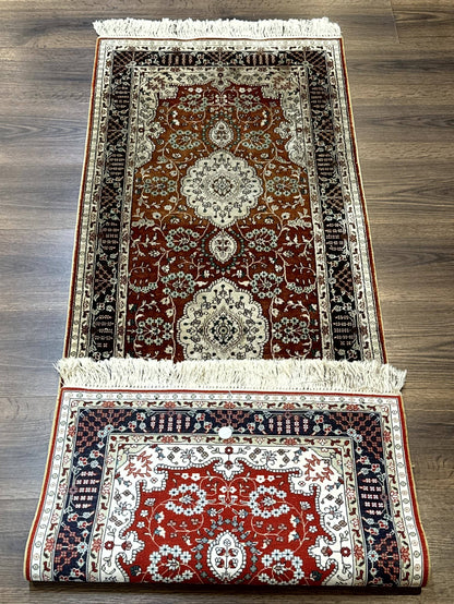 Turkish Silk Narrow Runner Rug 2 x 5.8, Very Fine 340 KPSI, Floral Medallions, Red