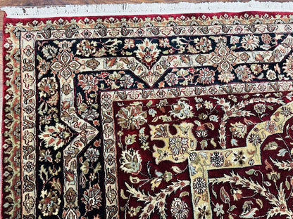 Indo Persian Rug 8x10, Red Vintage Wool Traditional Carpet, Floral, Handmade