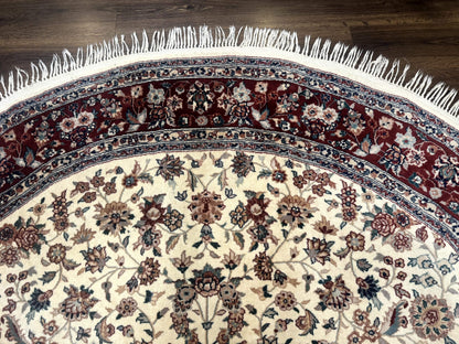 Round Sino Persian Rug 8x8, Wool and Silk, Floral Medallion, Ivory Dark Red
