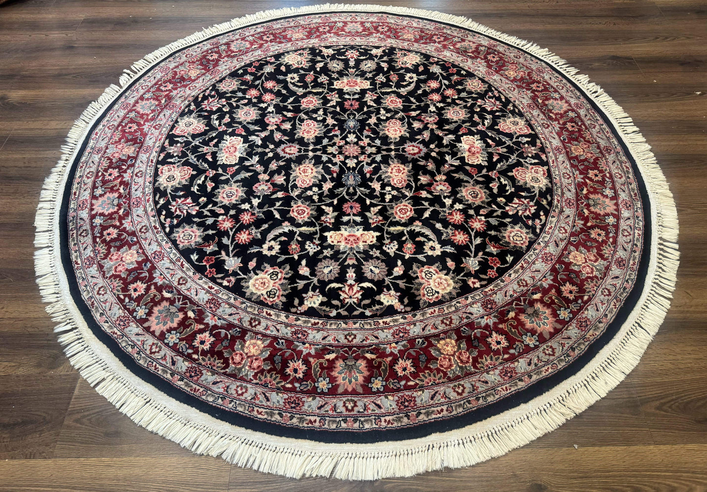 Round Sino Persian Rug 6x6, Floral, Navy Blue and Red, Wool and Silk Highlights