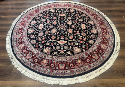 Round Sino Persian Rug 6x6, Floral, Navy Blue and Red, Wool and Silk Highlights