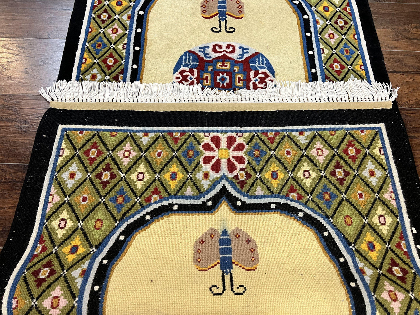 Chinese Rug 3x6 ft, Chinese Wool Rug, Tiensin Rug, Handmade Wool 3 x 6 Vintage Peking Rug, Art Deco Rug, Butterflies