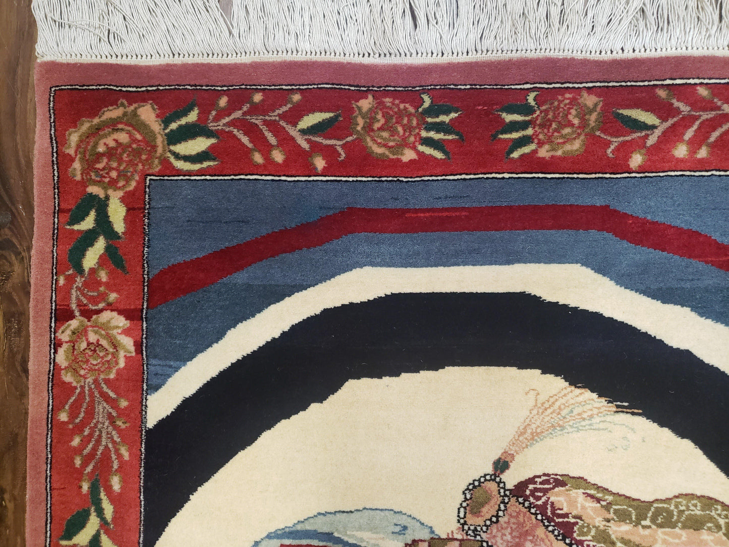 Vintage Small Pictorial Lovers Rug 2.5 x 4, Taj Mahal Indo Persian Rug, Wool Hand-Knotted Indian Rug, King & Queen, Layla and Majnun