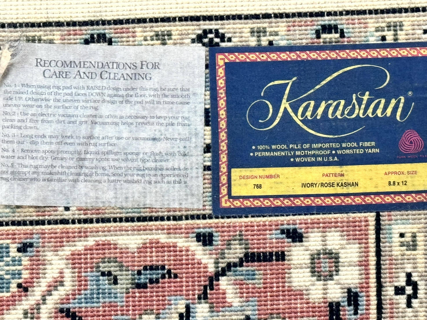 Karastan Rug 8.8 x 12, Ivory Rose Ka'shan #768, Wool Pile Karastan Carpet, Original 700 Series, Rare, Discontinued, Vintage