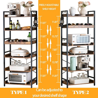 Adjustable Six Tier Industrial Wood Black Metal Bookcase