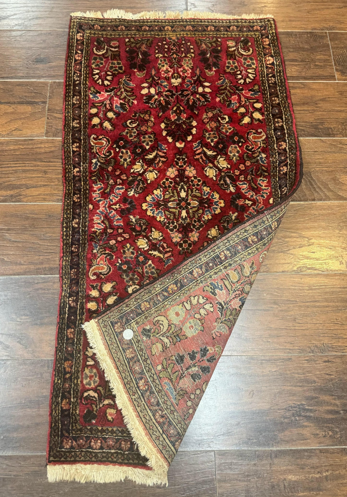 Small Persian Sarouk Rug 2x4, Floral, Red Hand Knotted Wool Traditional Oriental Carpet, Antique Persian Rug 2 x 4