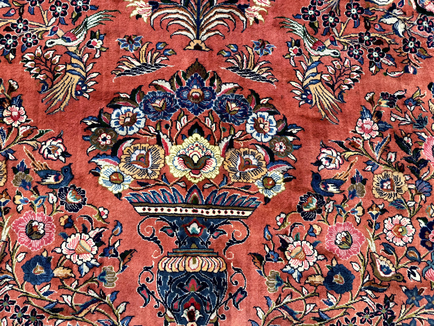 Persian Sarouk Rug 7x10, Red and Ivory, Floral Bouquets, Birds