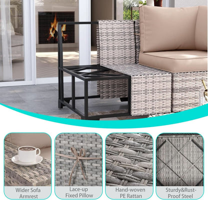 Beige 6 Piece Wicker Patio Sofa Set With Thick Cushions