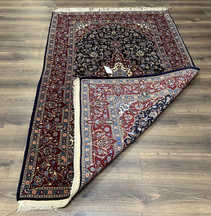 Dark Blue Persian Rug 5x8, Kork Wool Semi Antique Kashan Carpet, Very Fine Lachak Toranj Rug, Hand Knotted Floral Medallion Rug, 5 x 8 Oriental Rug