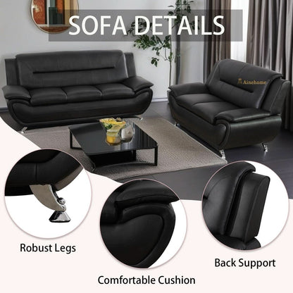 Black 5 Seat Faux Leather Sectional Sofa Set For Living Room
