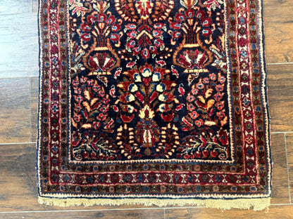 Small Navy Blue Persian Rug 2x4, Sarouk Rug, Rare Colors, Antique 1920s Wool Rug