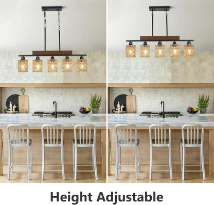 Rattan Farmhouse 5 Light Linear Chandelier Black Lighting