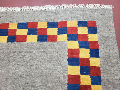 New Turkish Kilim Area Rug, Gray Carpet With Colorful Checker Border, 5'6" x 8", Flatweave Carpet, Playroom Rug, Kids Room Rug, Hand-Knotted