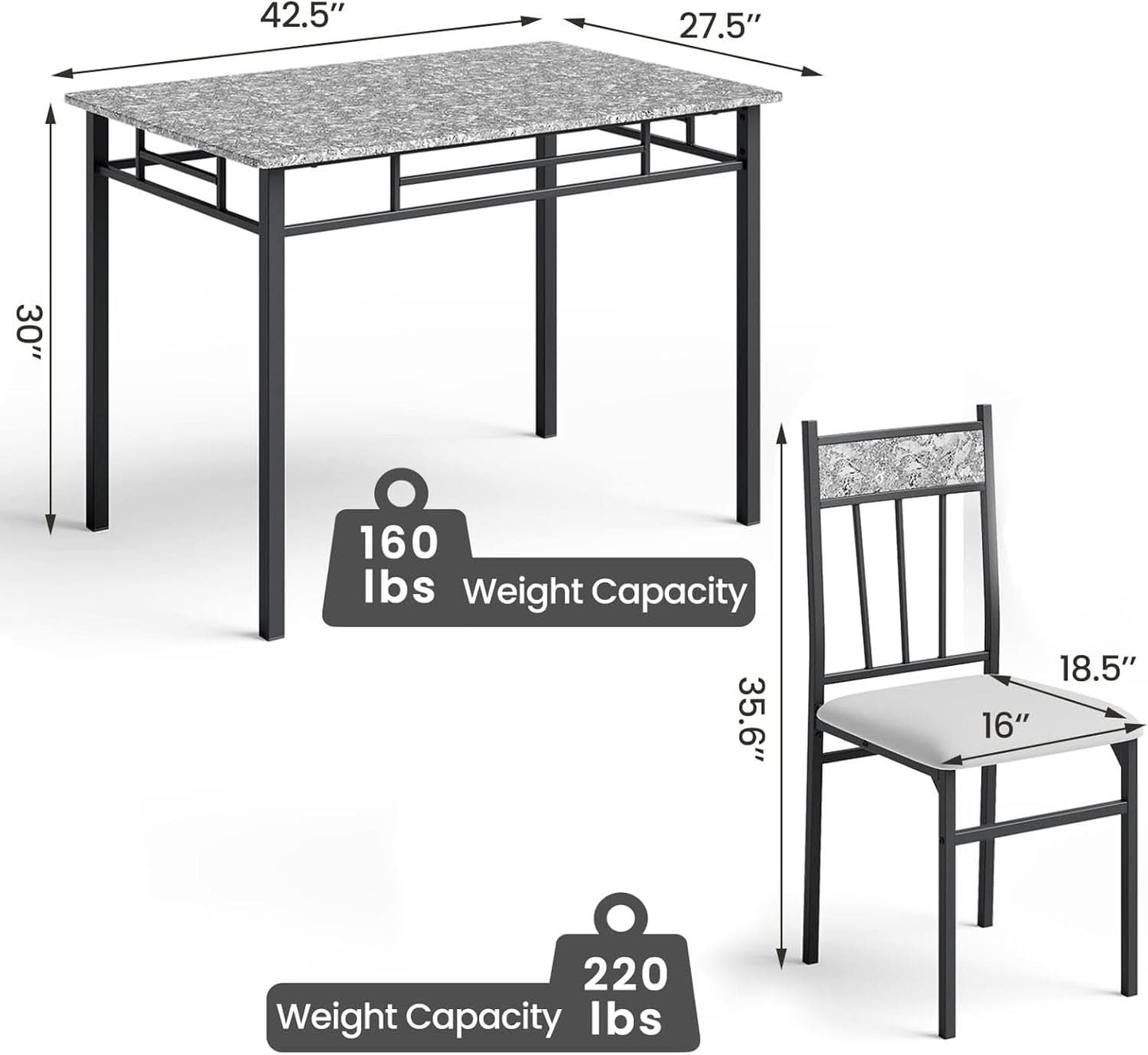 Grey Faux Marble Dining Table Set For 4 With Padded Chairs