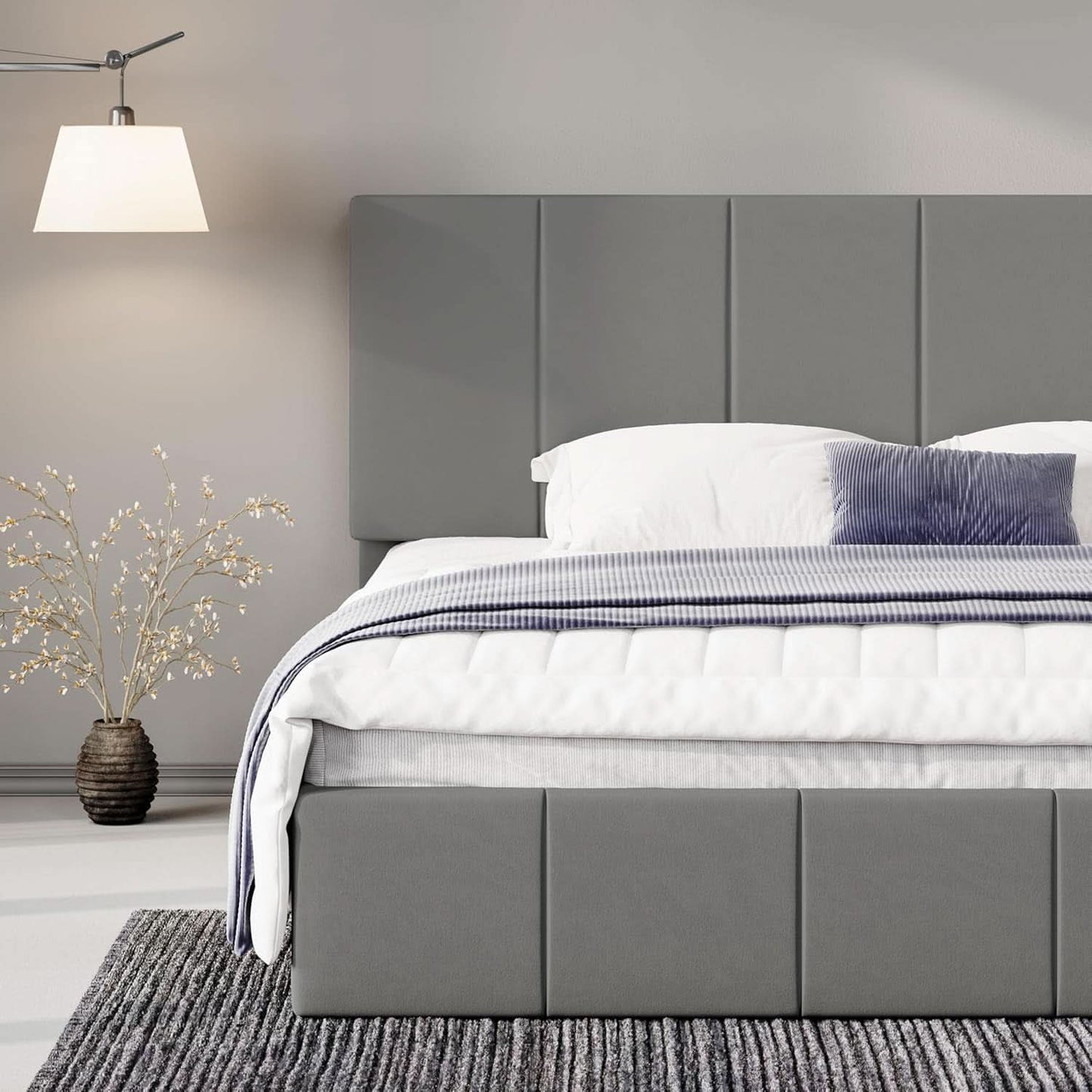 King Size Grey Velvet Upholstered Platform Bed Frame