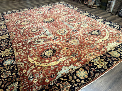 Indian Agra Rug 9x11, Terracotta and Navy Blue, Sickle Leaf Rug