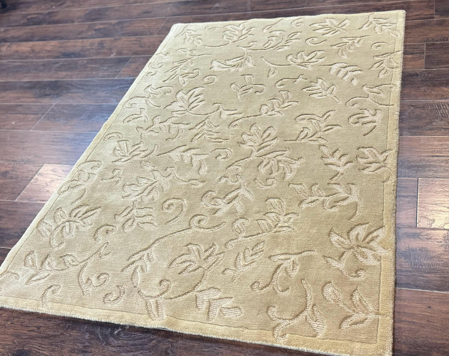Modern Tibetan Rug 3.7 x 5.5, Carved Floral Design, Wool and Silk Highlights