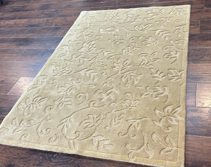Modern Tibetan Rug 3.7 x 5.5, Carved Floral Design, Wool and Silk Highlights