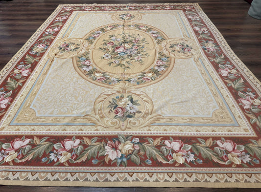Needlepoint Rug 8x10, Aubusson Savonnerie European Carpet, Floral, Elegant
