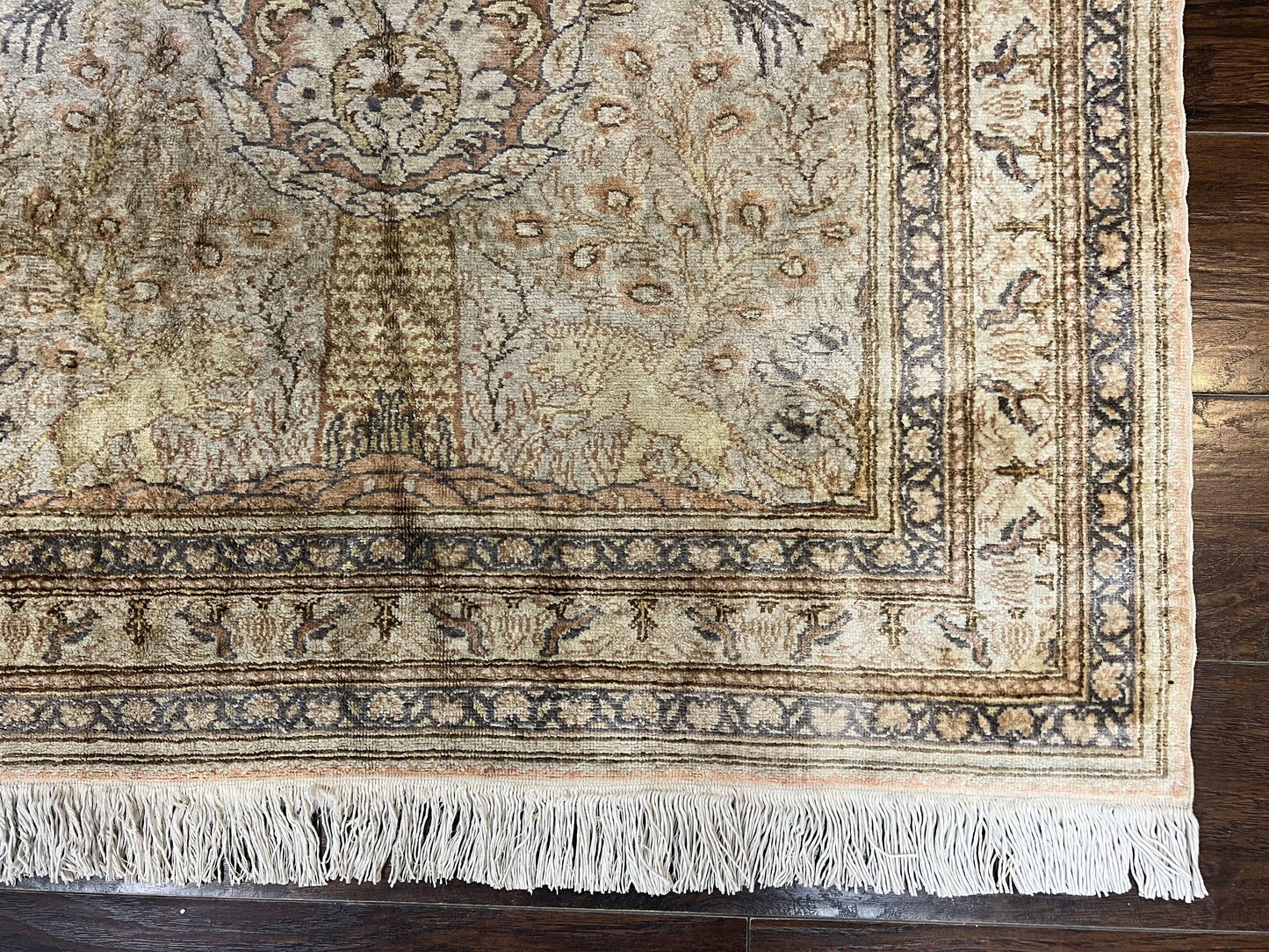 Turkish Kayseri Silk Rug 4x6, Tree of Life Pattern, Vintage Handmade Hand Knotted Carpet, Animal Pictorials, Birds