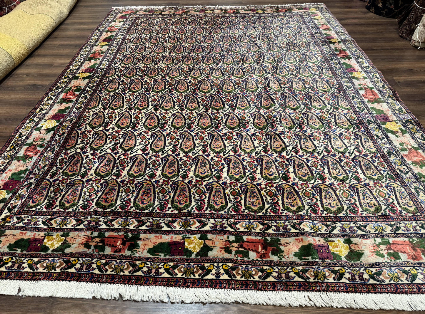 Persian Rug 8x11, Boteh Design, Repeated Paisleys, Persian Kurdish Rug, Bird Pictorials, Rare Antique Persian Kurdish Sannadaji Carpet