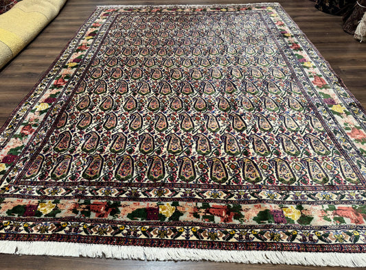 Persian Rug 8x11, Boteh Design, Repeated Paisleys, Persian Kurdish Rug, Bird Pictorials, Rare Antique Persian Kurdish Sannadaji Carpet