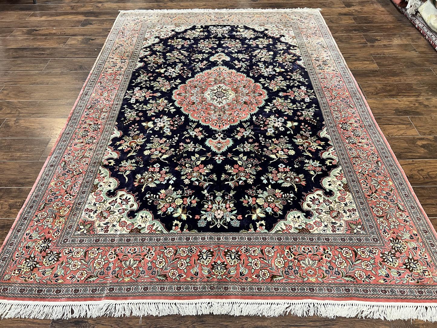Stunning Silk Persian Qum Rug 7x9, Finely Hand Knotted Navy Blue & Salmon Floral Medallion Authentic Oriental Carpet, Vintage Handmade Silk Ghom Rug, Silk on Silk
