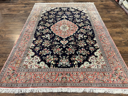 Stunning Silk Persian Qum Rug 7x9, Finely Hand Knotted Navy Blue & Salmon Floral Medallion Authentic Oriental Carpet, Vintage Handmade Silk Ghom Rug, Silk on Silk