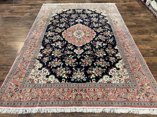 Stunning Silk Persian Qum Rug 7x9, Finely Hand Knotted Navy Blue & Salmon Floral Medallion Authentic Oriental Carpet, Vintage Handmade Silk Ghom Rug, Silk on Silk
