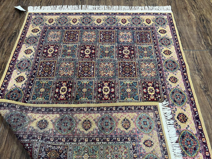 Indo Persian Silk Rug 4x6, Panel Design, Small Flowers, Hand Knotted, Fine Weave, Oriental Carpet 4 x 6, Vintage Area Rug, Beautiful Rug