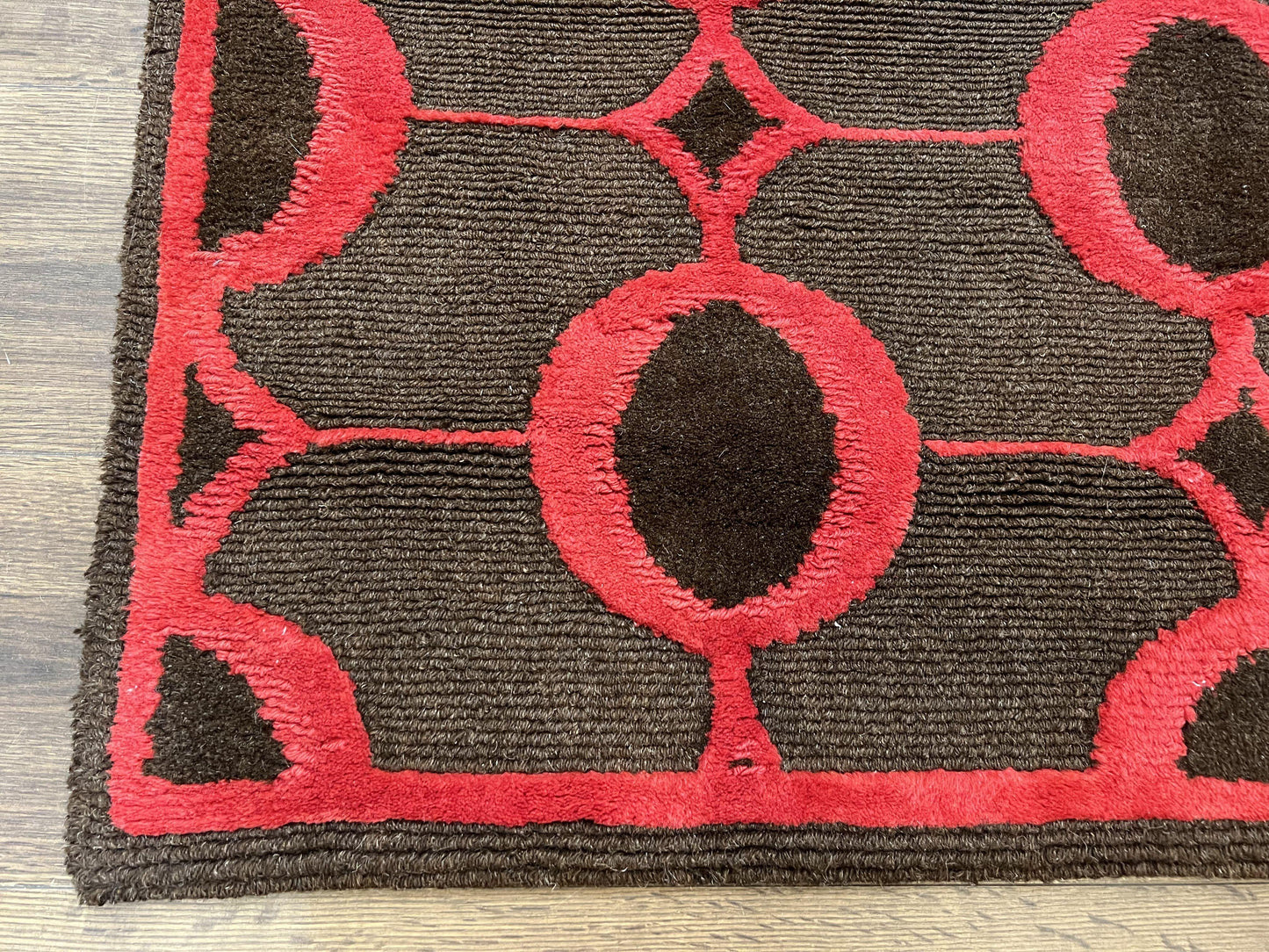 Modern Tibetan Rug 3.8 x 5.7, Raspberry Red and Dark Brown, Abstract Circle Design, Hand Knotted, Soft Wool Handmade Tibet Nepali Carpet 4x6