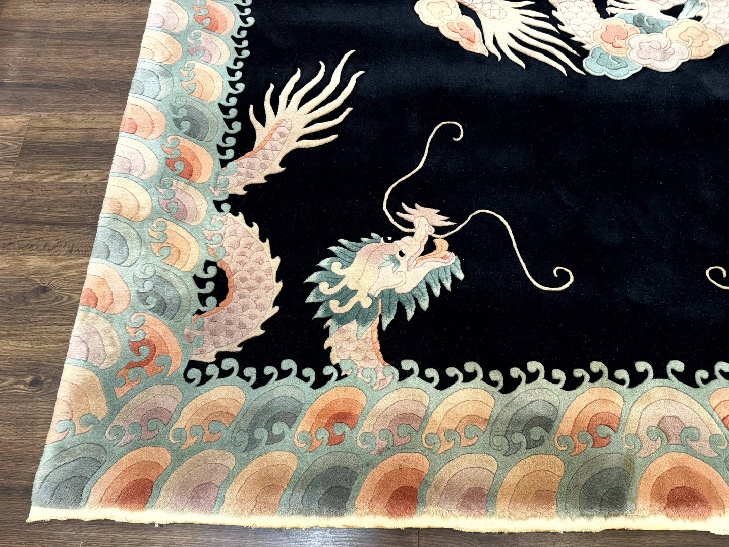 Black Chinese Wool Rug 8x10 with Dragons, Rainbow Borders, Rare