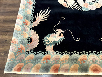 Black Chinese Wool Rug 8x10 with Dragons, Rainbow Borders, Rare