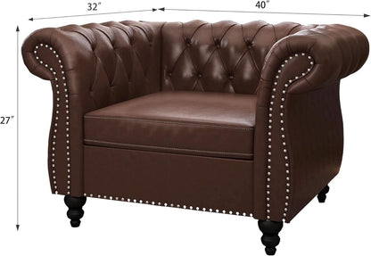 3 Piece Chesterfield Leather Living Room Set Sofa Loveseat Chair Dark Brown with Scroll Arms and Nailhead