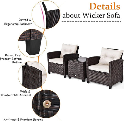 3 Piece Patio Furniture Set White PE Rattan Wicker Outdoor Sofa Set With Washable Cushions And Tempered Glass Tabletop