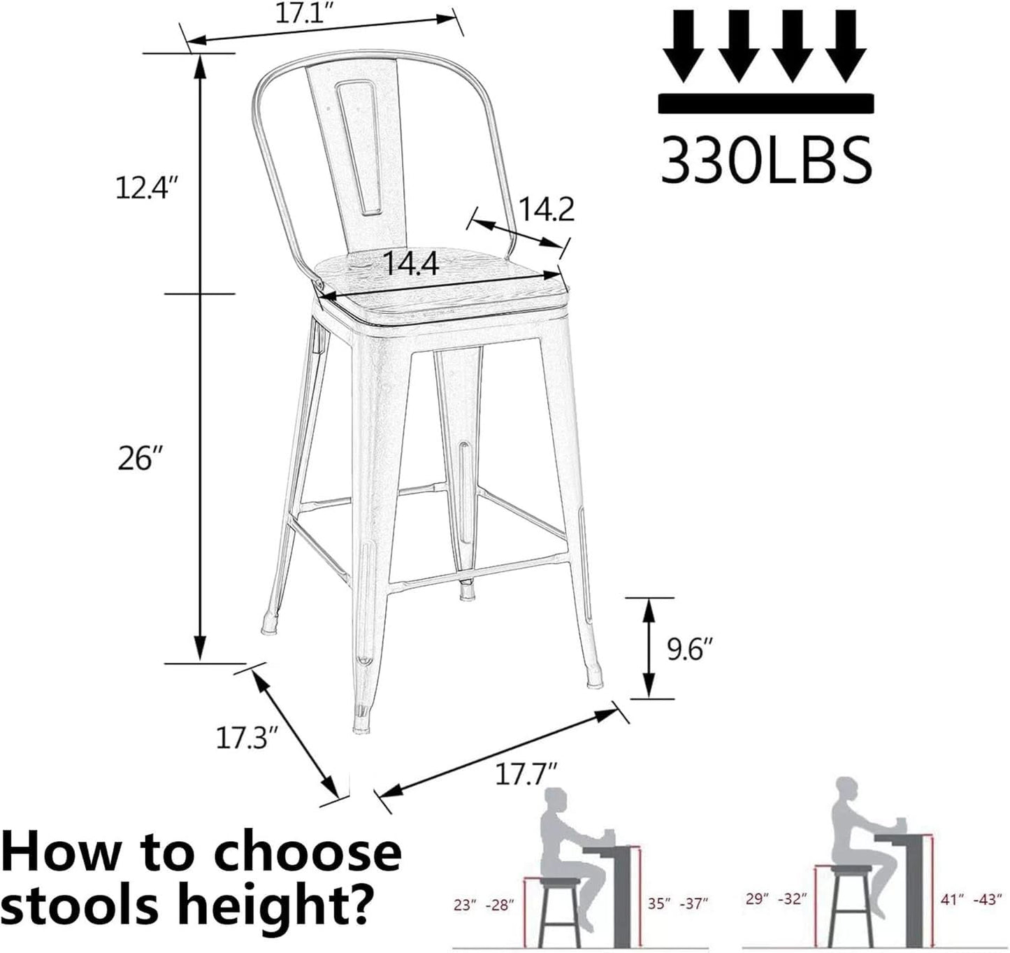 26 Inch Swivel Bar Stools Set Of 4 With Large Wooden Seat Matte Black High Back Design