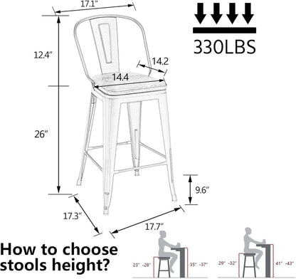 26 Inch Swivel Bar Stools Set Of 4 With Large Wooden Seat Matte Black High Back Design